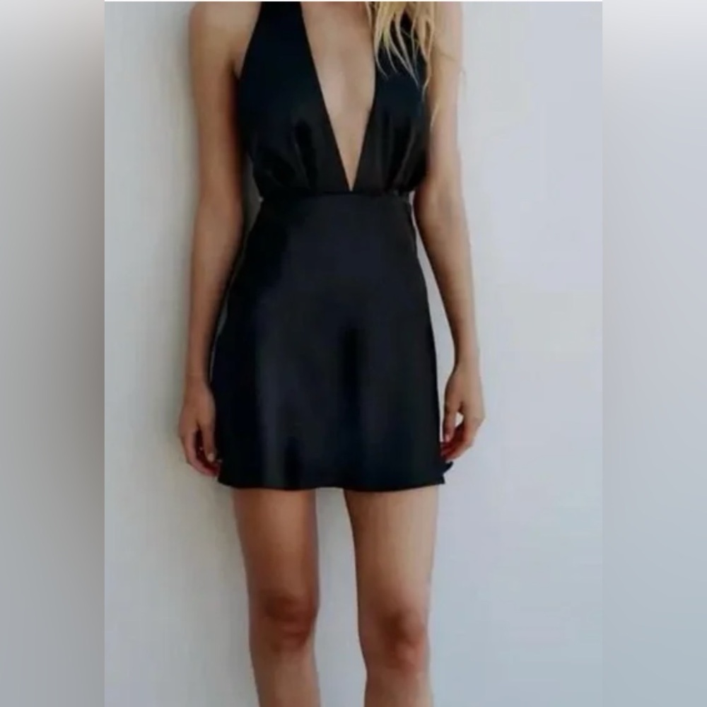 Zara Satin Halter Dress (black, size small)